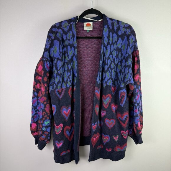 Farm Rio Ikat Dyed Hearts Cardigan Sweater Medium M Multicolor Balloon Sleeve - Picture 4 of 10